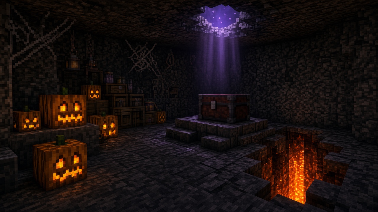 Dark Halloween stash with jack-o'-lanterns, a chest on a stone platform, and a lava shaft in the floor under a hole of night sky. Mood illustration, not a live base.