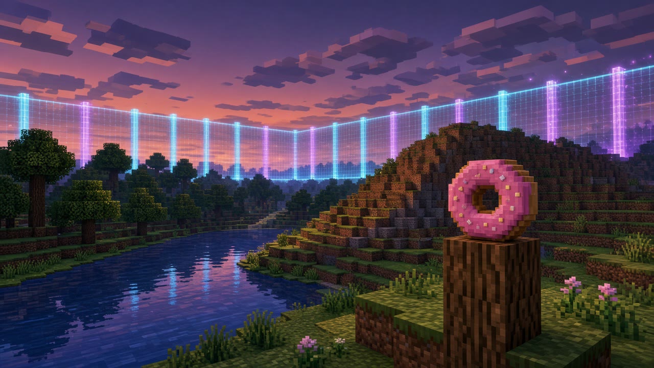 Dusk view of a blocky map where forest, river, and hills meet a tall cyan and purple grid wall of light, with a pink donut on a wooden post in the foreground. Mood illustration, not a live screenshot.
