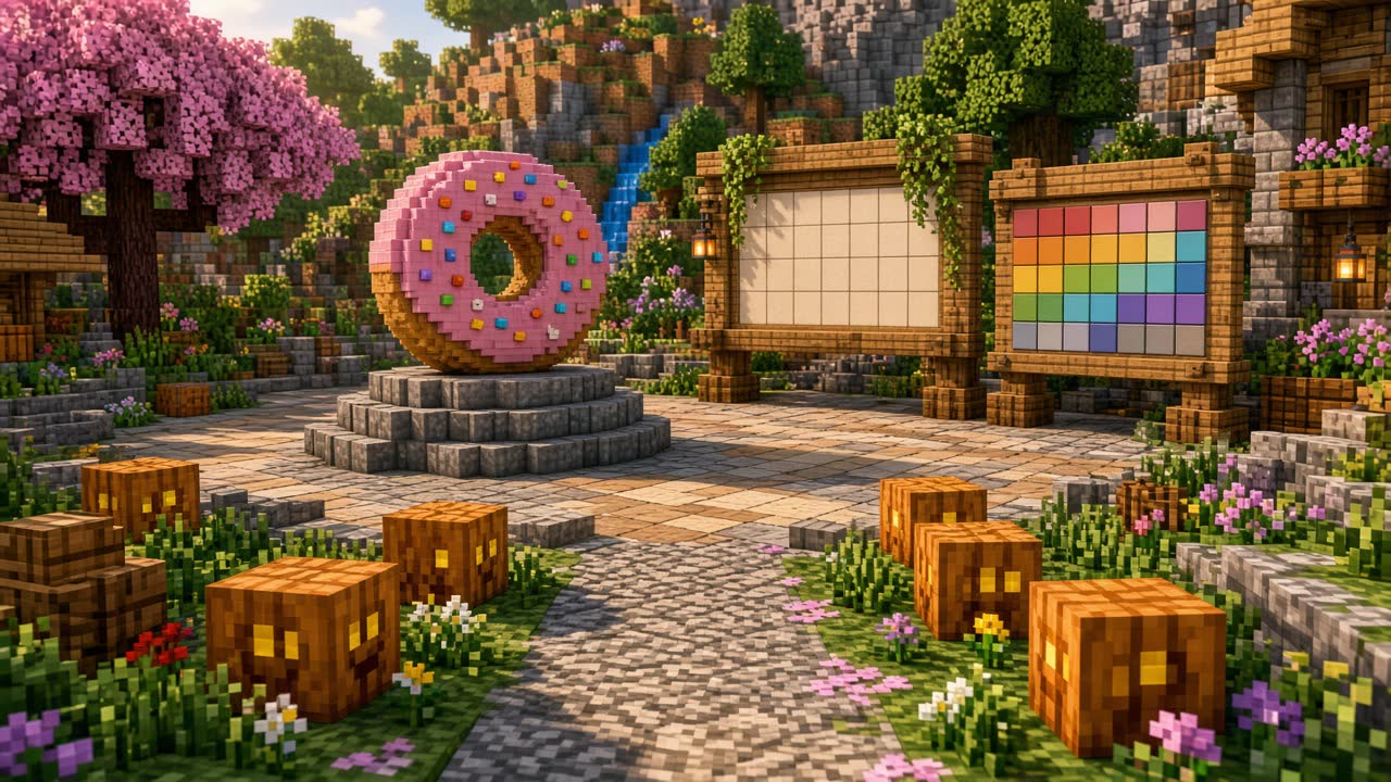 Blocky spawn plaza in morning light with a giant pink-frosted donut on a stone pedestal, a blank wooden news board, a colorful calendar board, and carved pumpkins along a cobblestone path. Mood illustration, not a live screenshot.
