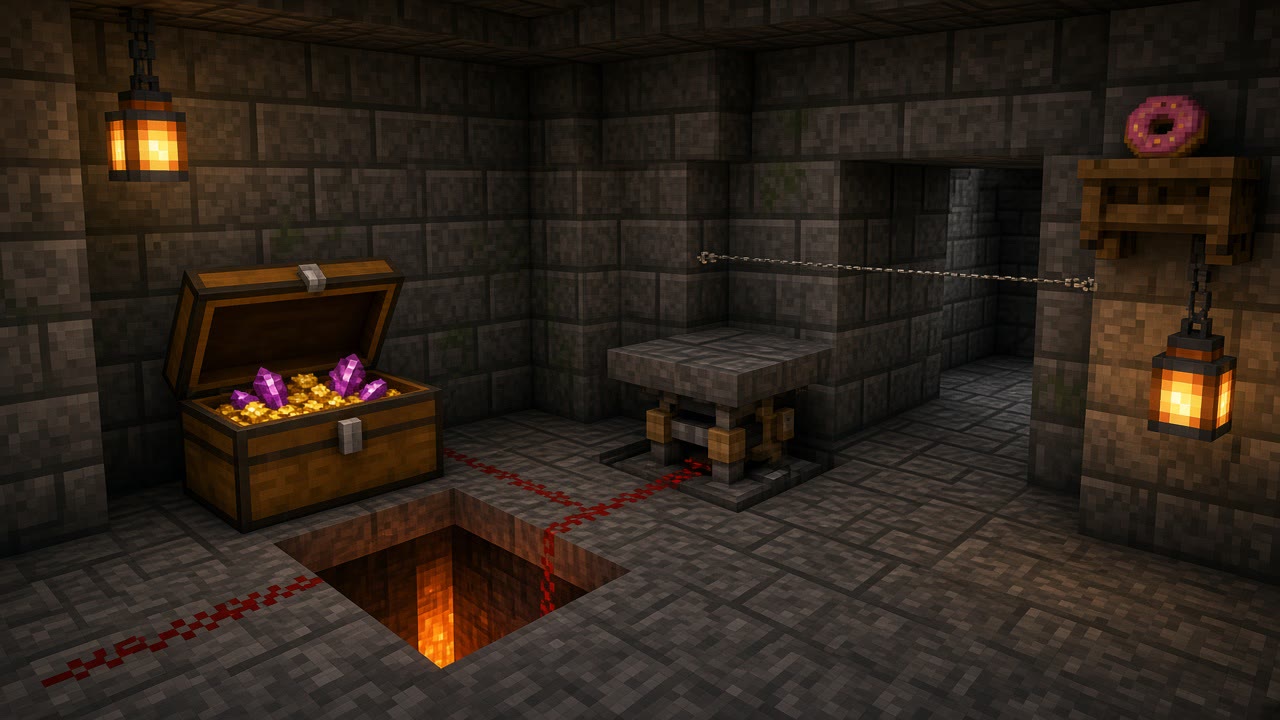 Lantern-lit stone stash room with an open chest of gold coins and purple crystals, redstone dust running to a piston under a lifted slab, a tripwire across a doorway, and a lava shaft in the floor. A pink donut sits on a shelf. Mood illustration, not a live base.