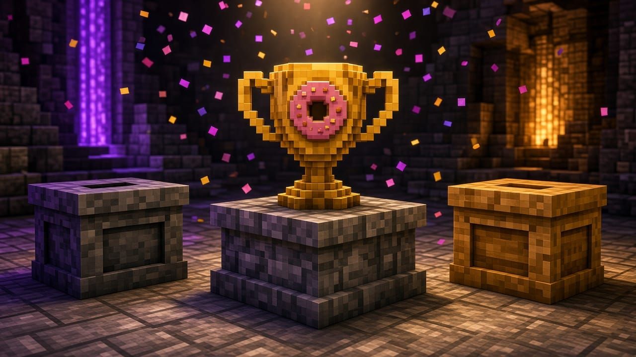 Golden blocky trophy on a stone pedestal with a donut emblem, voting-box blocks, and confetti particles. Mood illustration with no people, not an official poster.