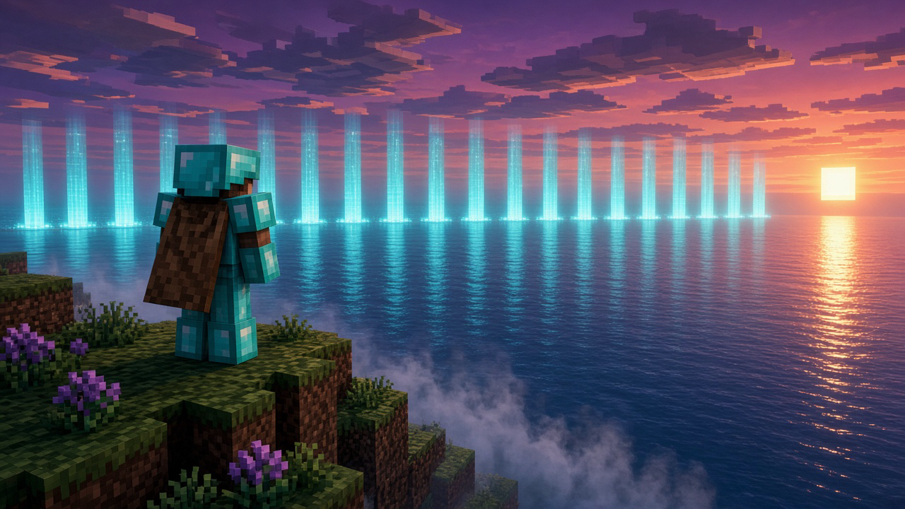 Diamond-armored player on a cliff facing a glowing cyan border wall — mood illustration, not live UI