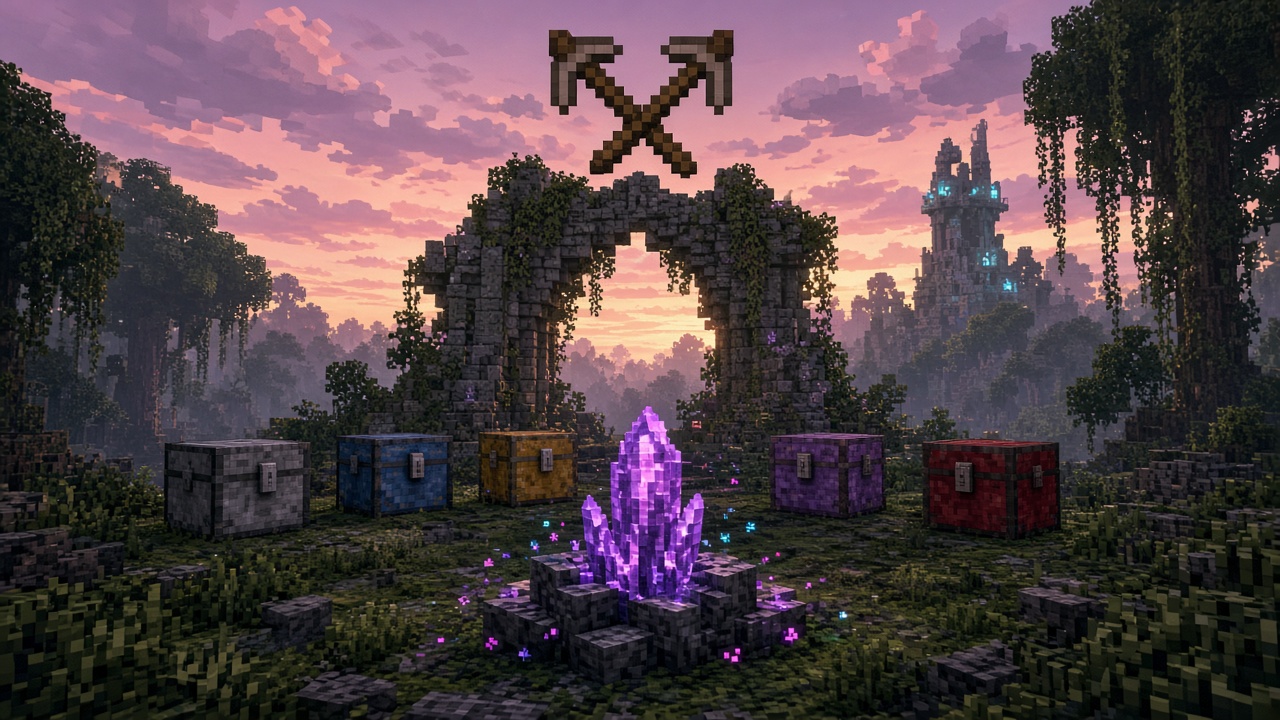 Five faded chests beside a shard crystal under a crossed-tools mark — mood illustration, not live UI
