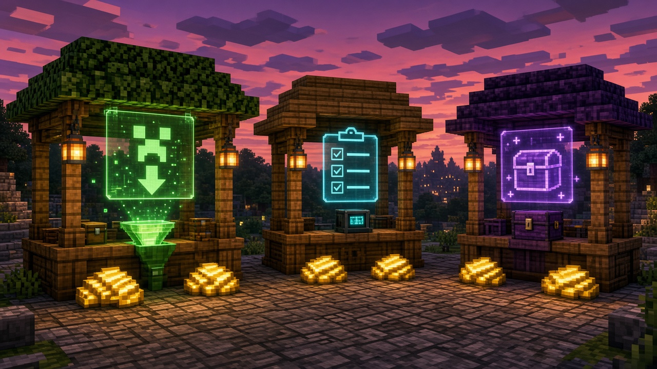 Three market stalls for sell, Orders, and the Auction House — mood illustration, not live UI
