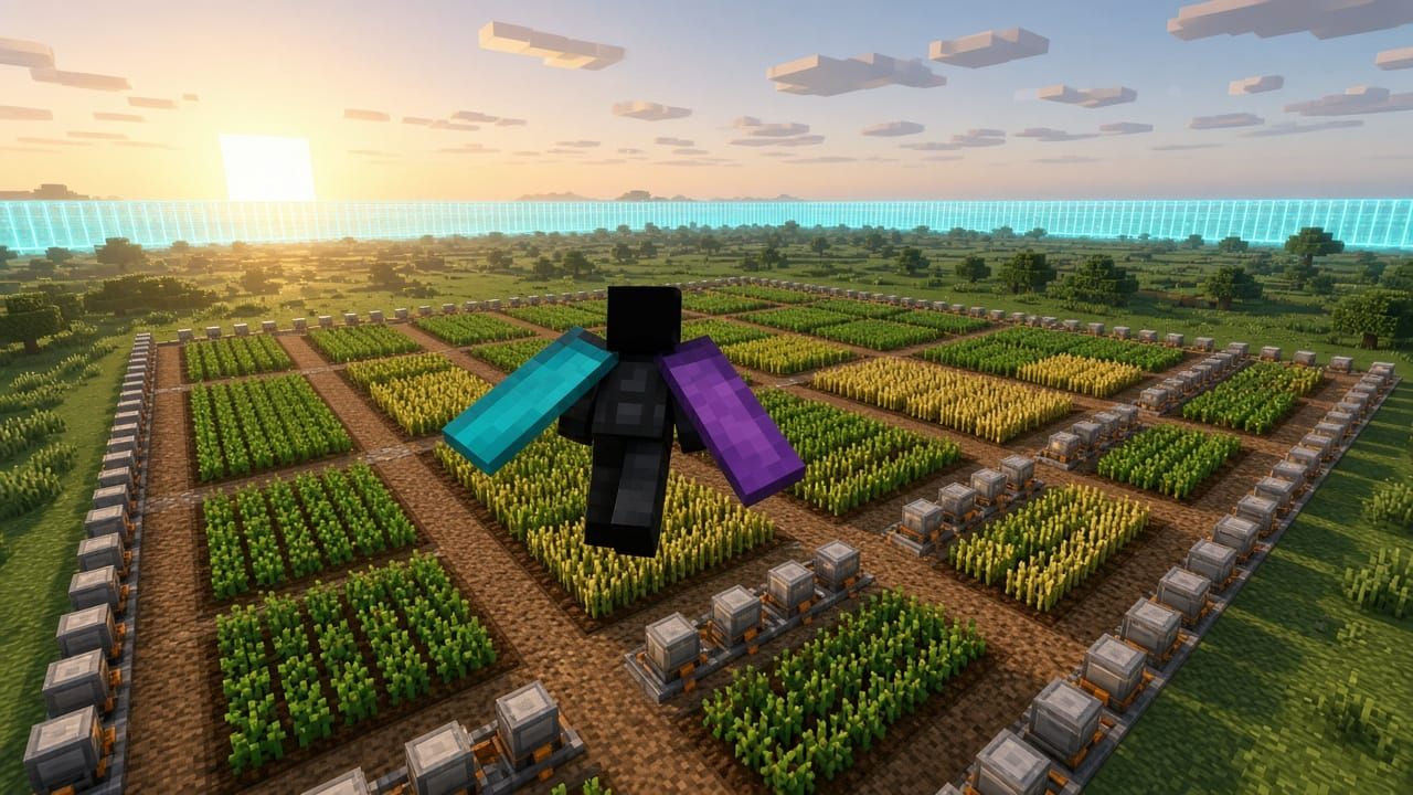 Faceless player silhouette seen from behind, gliding on elytra over tidy farm plots and hopper lines toward a distant glowing world-border wall. Mood illustration, not a live screenshot.