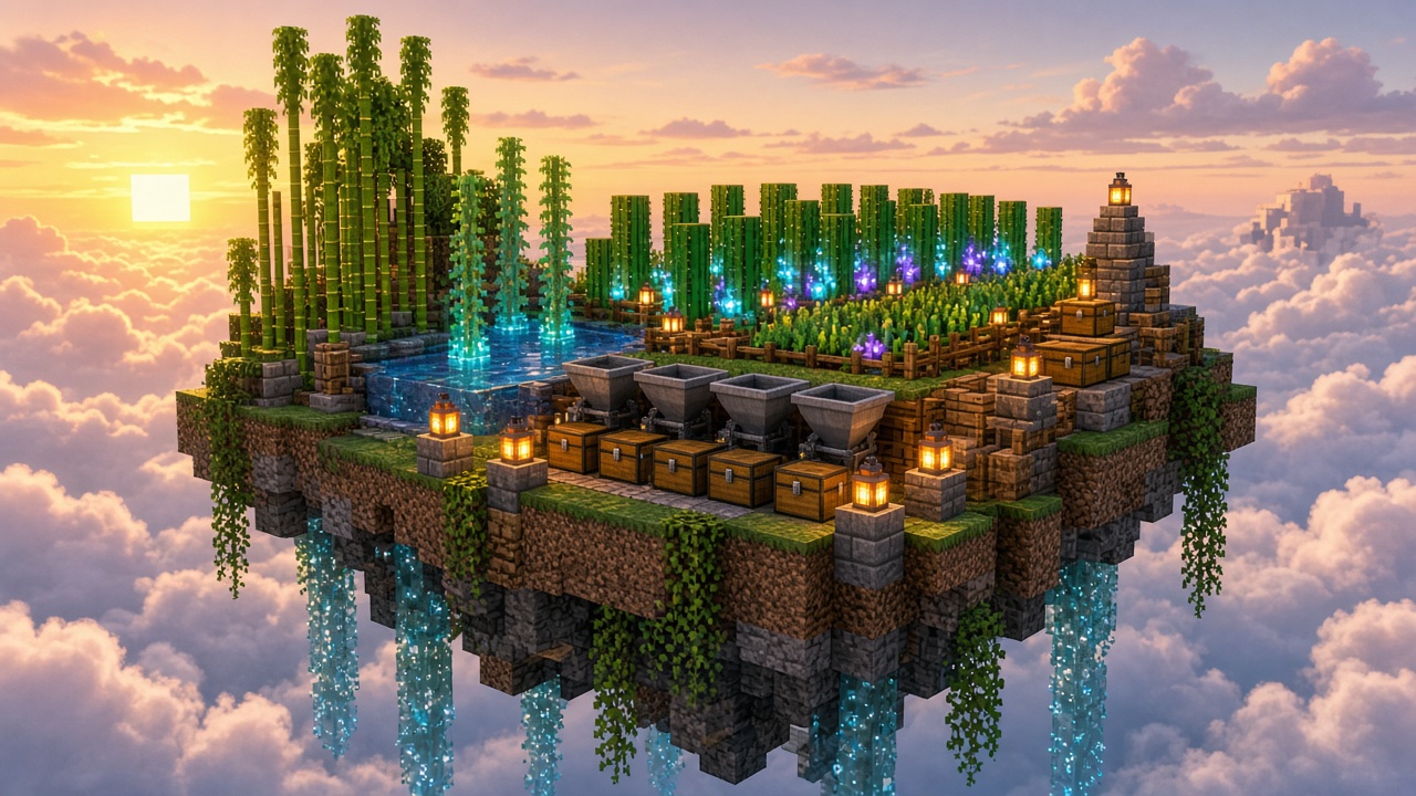 Floating Minecraft island farm at sunset with kelp, bamboo, hoppers, chests and lanterns above the clouds — mood illustration, not live UI