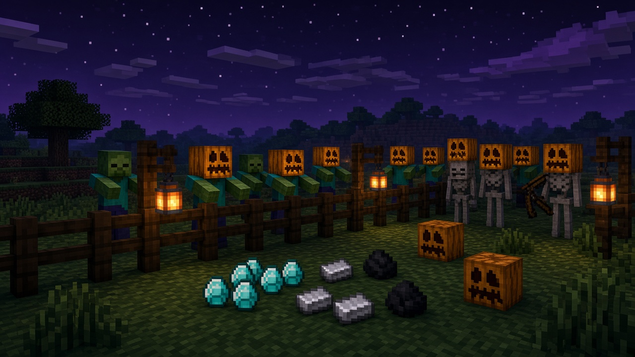 Pumpkin-headed Minecraft zombies and skeletons behind a night fence, with diamonds, iron, coal and pumpkins on the grass — mood illustration, not live UI