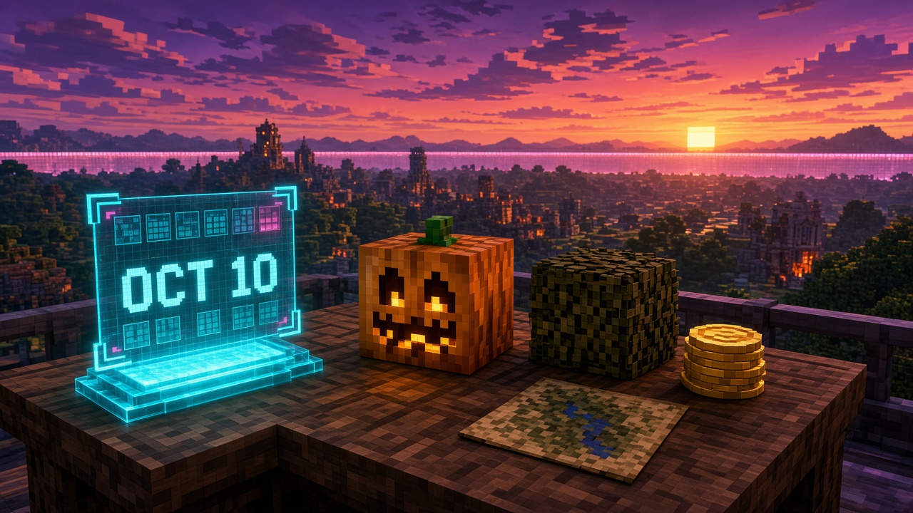 Minecraft desk at sunset with an OCT 10 holographic calendar, jack-o'-lantern, map and gold coins overlooking a world-border glow — mood illustration, not live UI