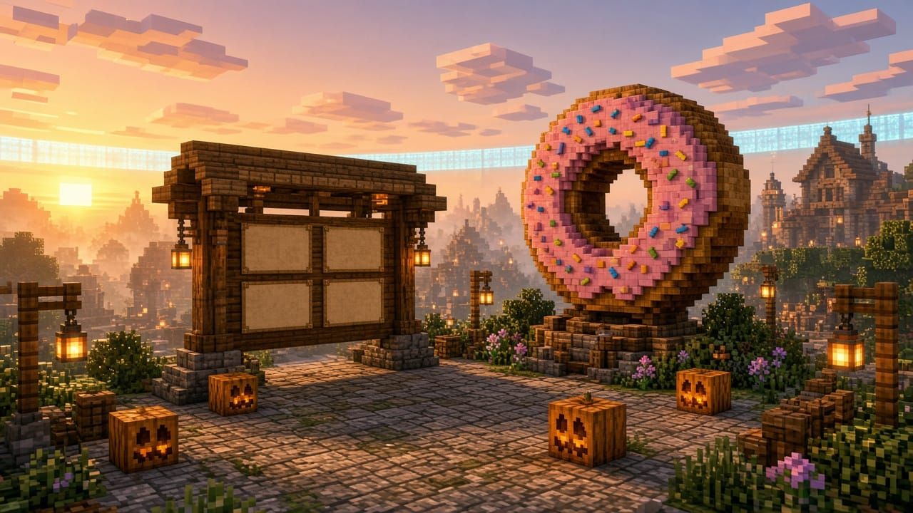 Blocky Minecraft town square at sunrise with a wooden news board, a giant pink-frosted donut sculpture, carved pumpkins, and a faint glowing world-border wall on the horizon. Mood illustration, not a live screenshot.