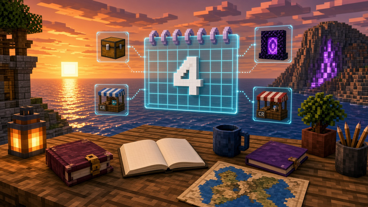 Holographic calendar marked 4 over a Minecraft desk at sunset — mood illustration, not live UI