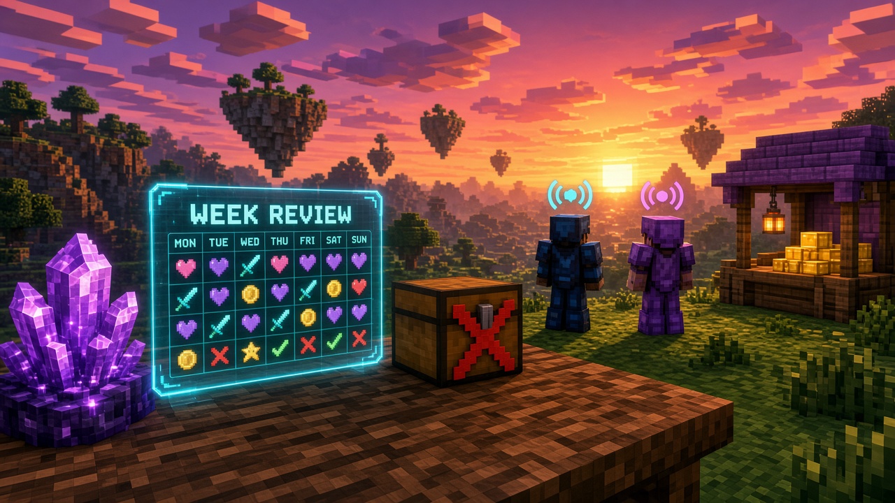 Holographic WEEK REVIEW desk with proximity voice rings, a crate marked X, and a market stall — mood illustration, not live UI