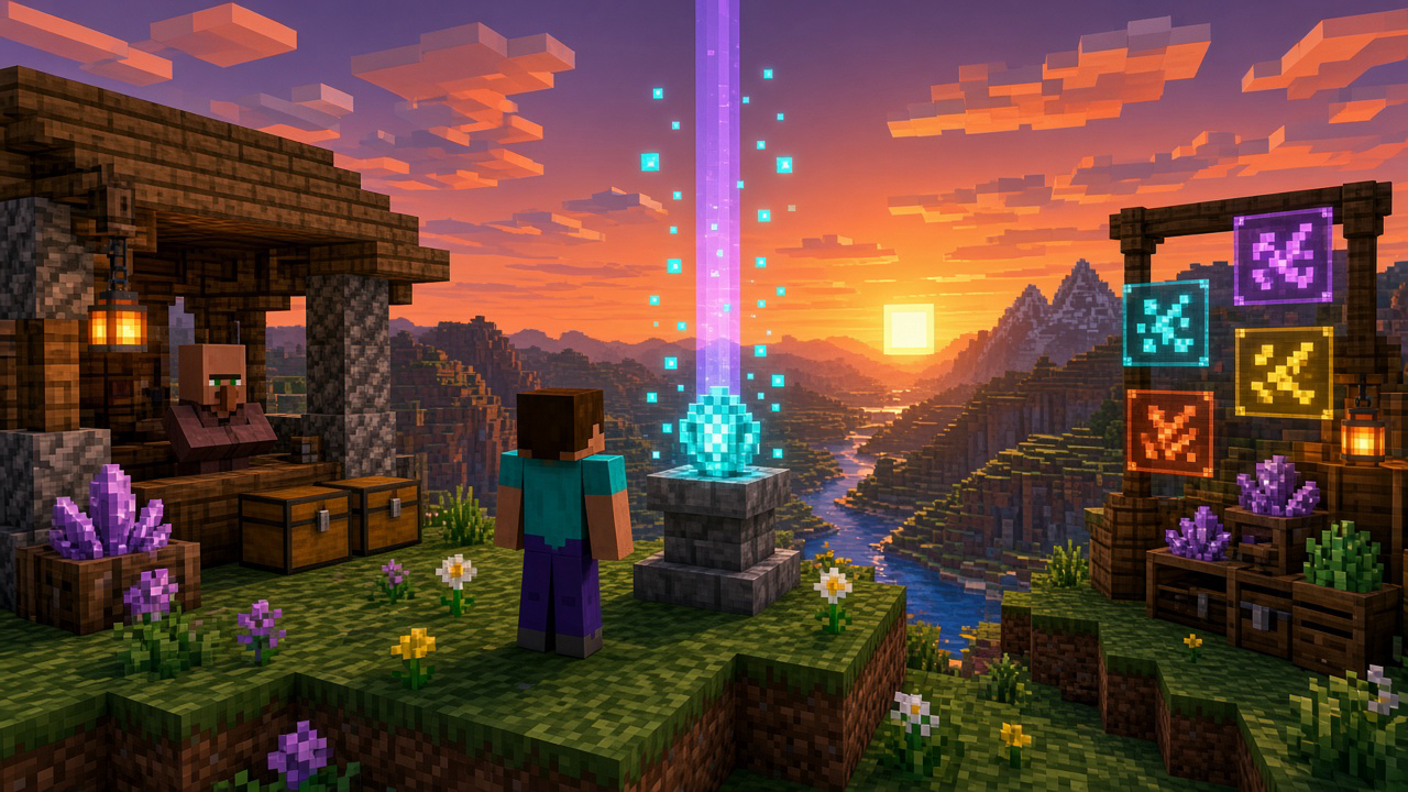 Player between a trading stall, a beacon, and glowing market signs — mood illustration, not live UI