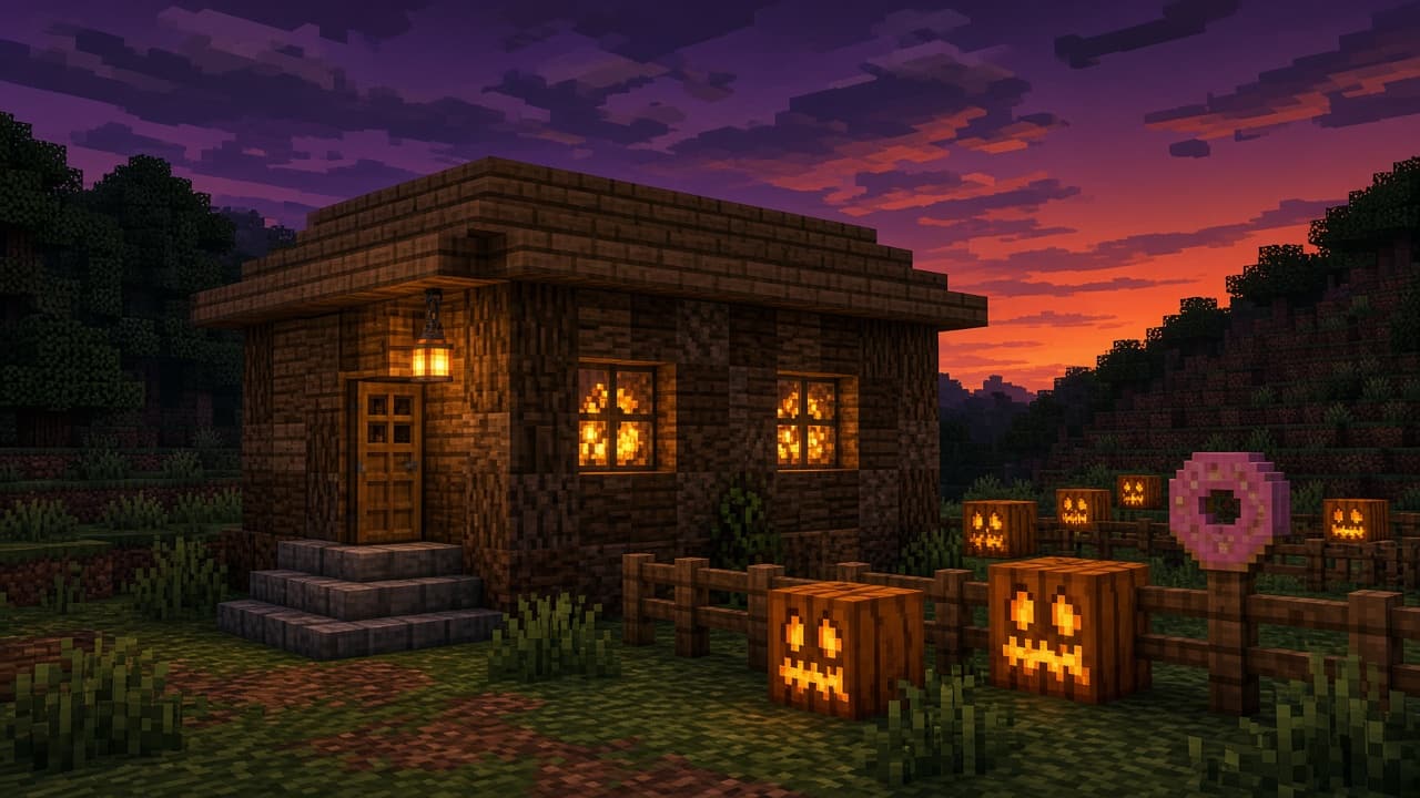 Small oak starter hut at dusk with a lantern, glowing windows, jack-o'-lanterns along a fence, and a pink donut on a fence post. Mood illustration, not a live base.