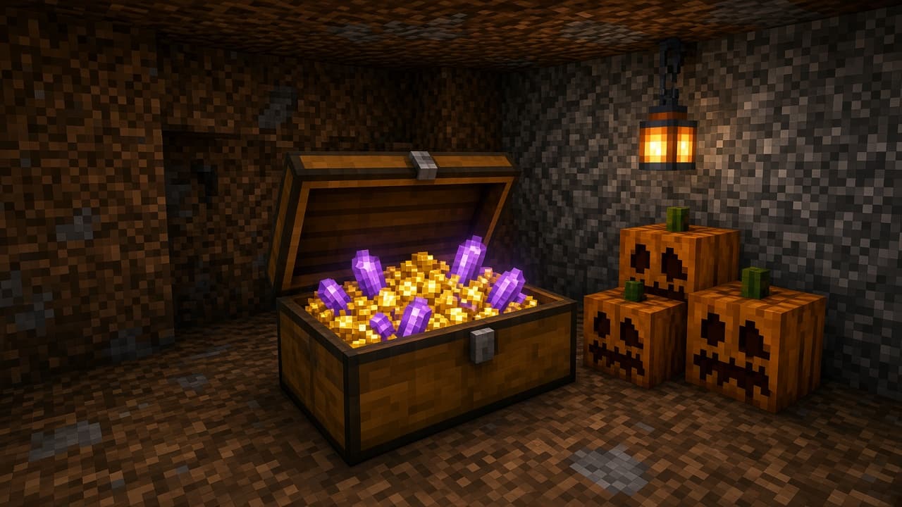 Open oak chest filled with gold coins and purple crystals in a lantern-lit stone room, with carved pumpkins stacked beside it. Mood illustration, not a live inventory.