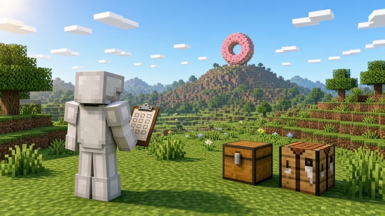 Faceless blocky player seen from behind in a sunny wilderness, holding a blank clipboard, with an oak chest, a crafting table, and a pink donut sculpture on a distant hill. Mood illustration, not a live screenshot.