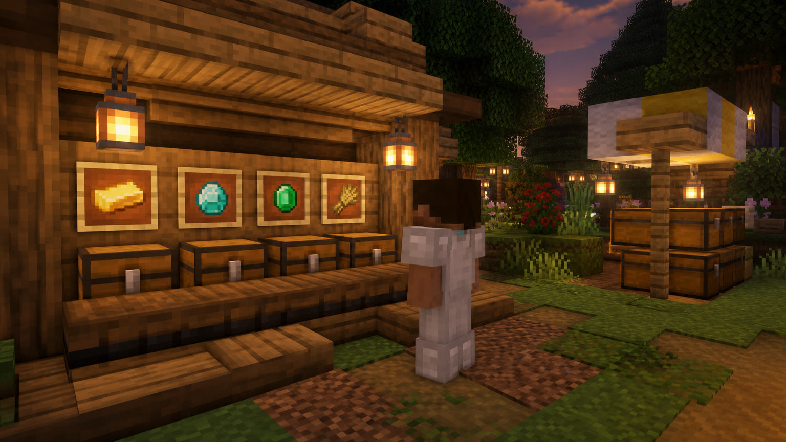Player-market stall with chests and item frames of gold, diamonds, and emeralds