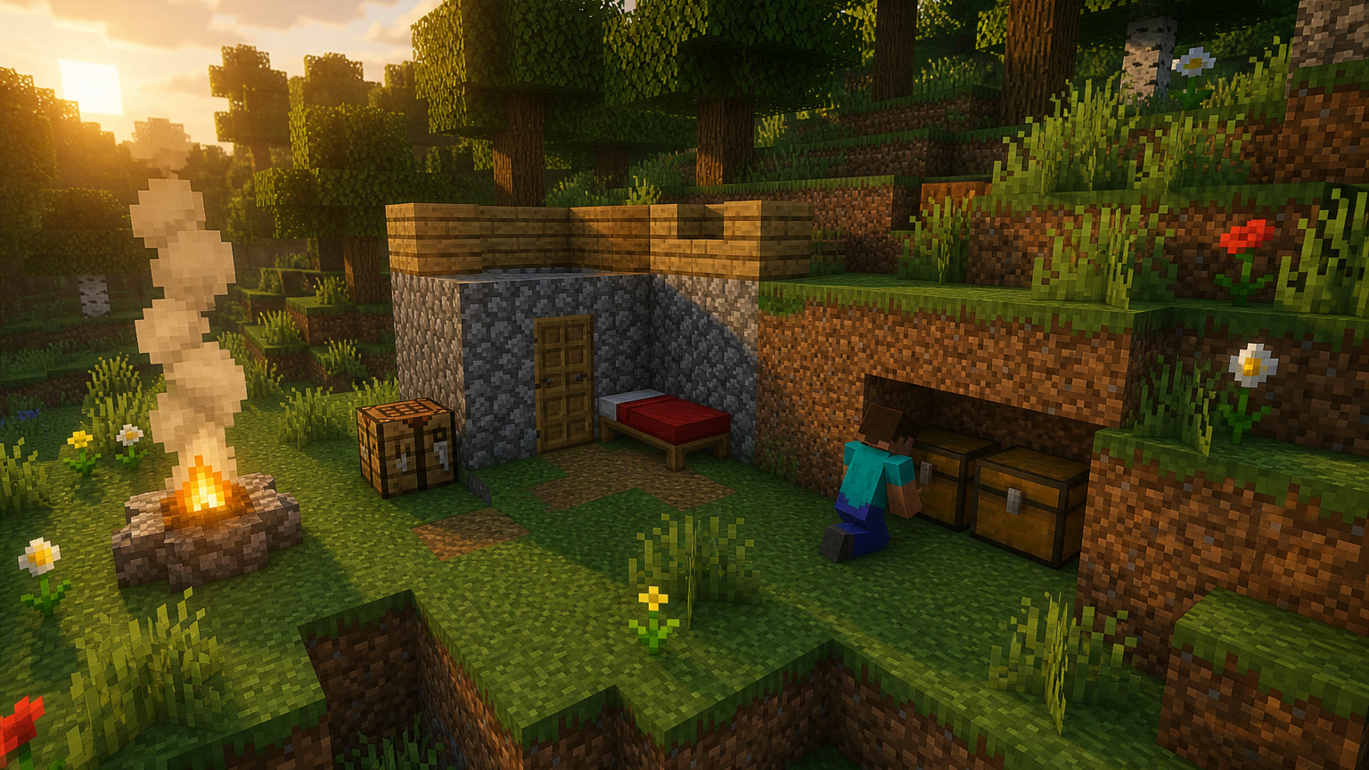 Early oak-and-cobble stash: hidden chests, bed, campfire, and a first /sethome