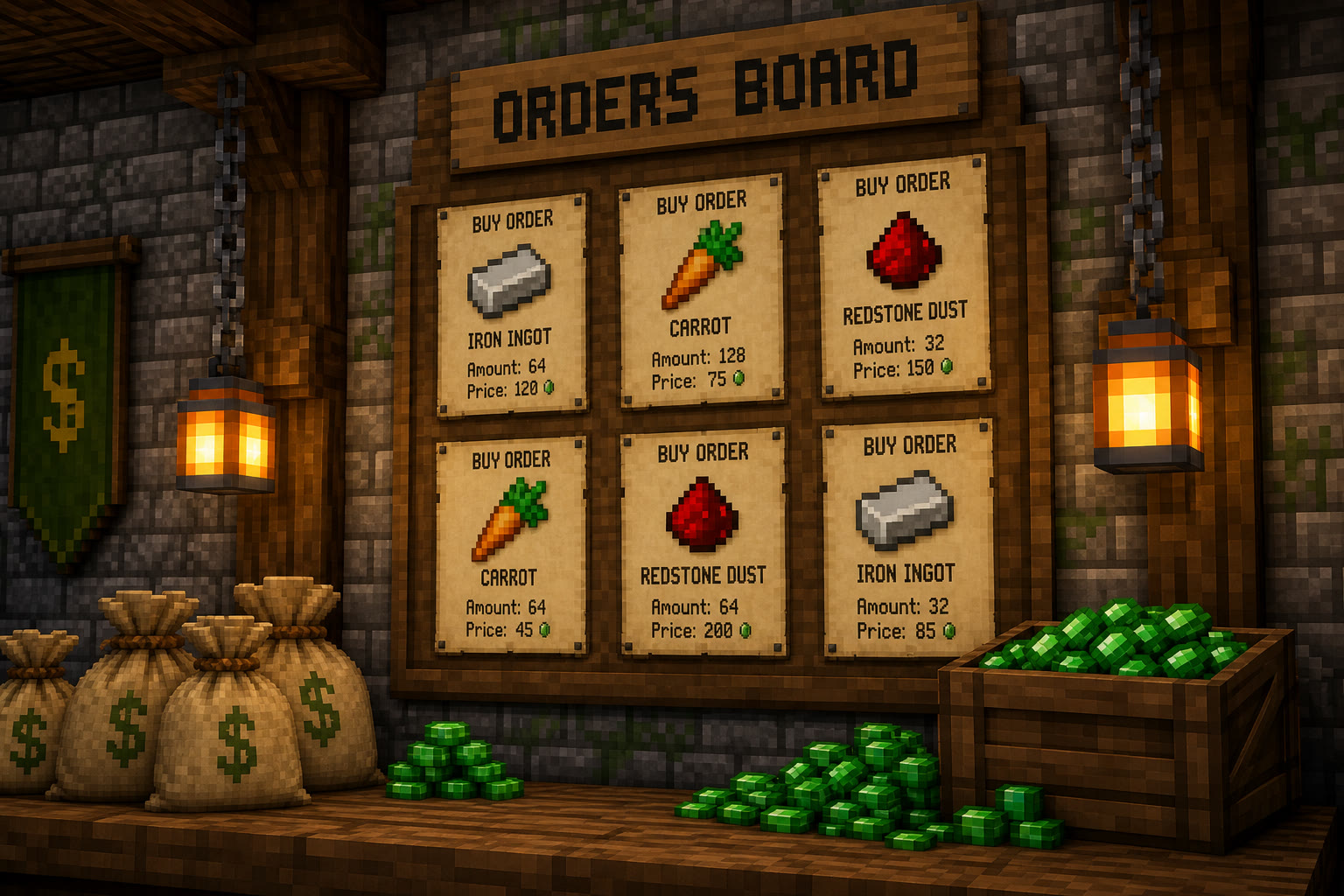 Wooden Orders Board with six parchment buy-order posters, hanging lanterns, and piles of green gems on a counter