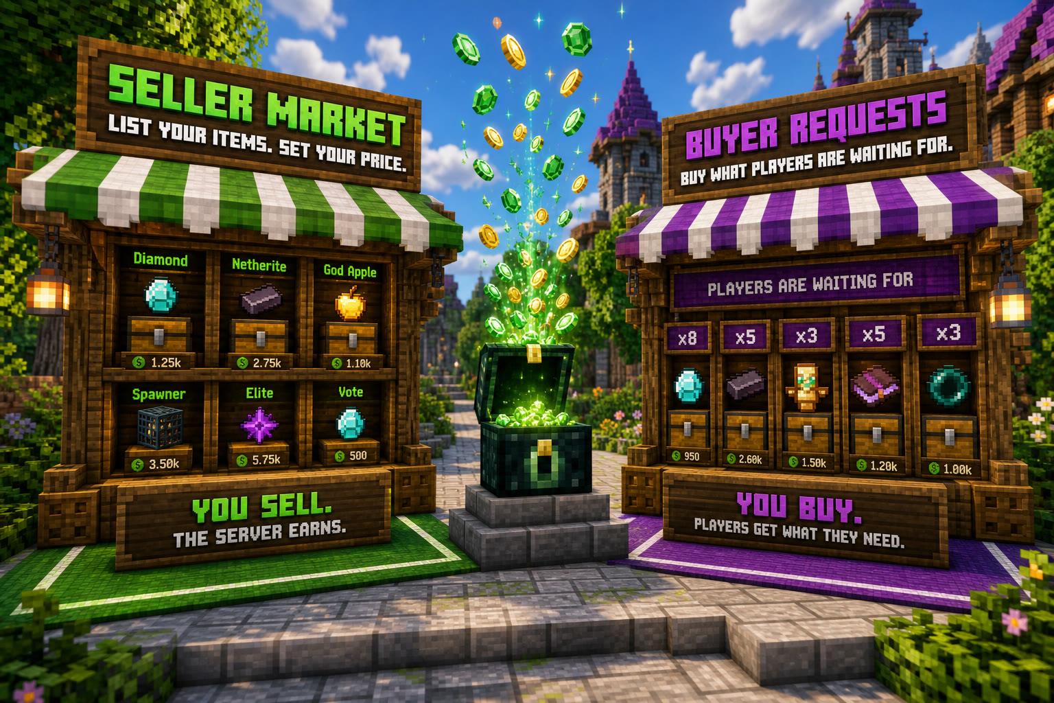 Side-by-side Minecraft stalls labeled Seller Market and Buyer Requests with an Ender Chest fountain of emeralds between them