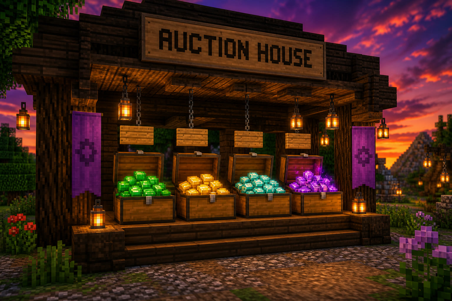 Rustic Minecraft auction-house stall with four open chests of emeralds, gold, diamonds, and enchanted crystals under a twilight sky