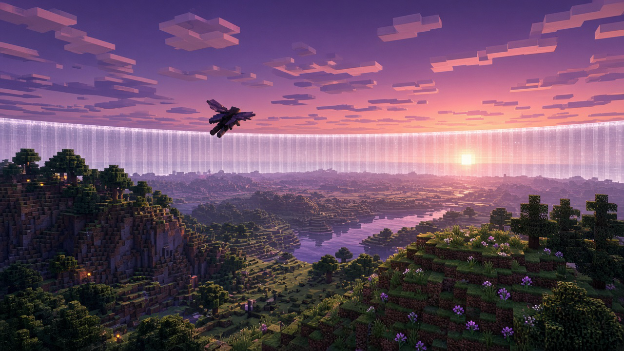 Elytra silhouette over a Minecraft landscape toward a distant glowing world-border wall at sunset
