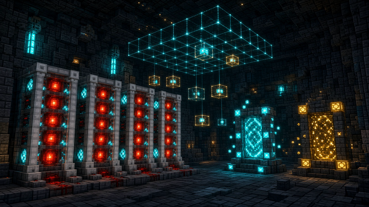 Stylized server racks and Nether portal frames under a glowing chunk-grid — mood art, not a live ops dashboard