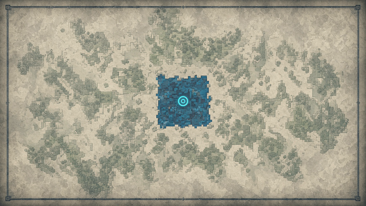 Stylized parchment map with a small dense blue RTP square at center versus a vast faint outer world