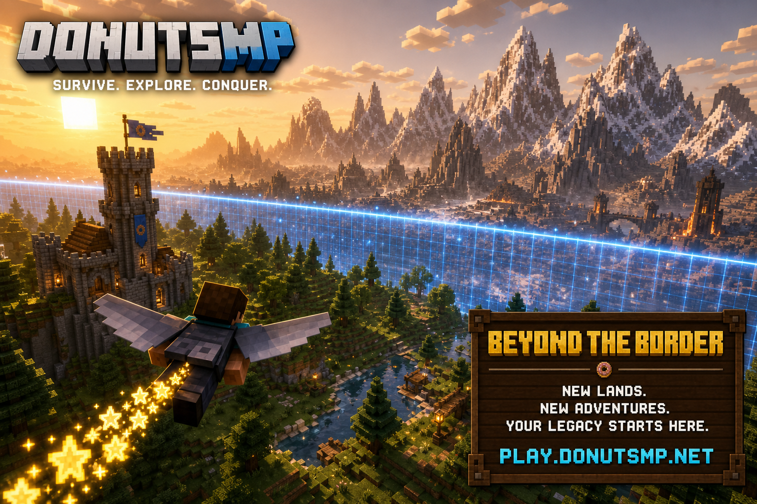 Minecraft player flying with Elytra and a gold firework trail toward a glowing blue world-border grid, with snowy mountains beyond