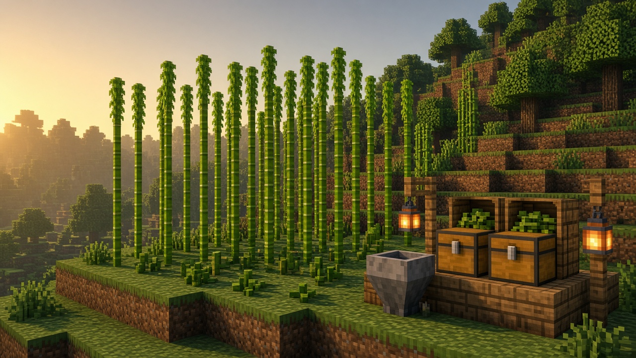 Tall bamboo grid on a grassy hill with a hopper and two chests of harvested stalks