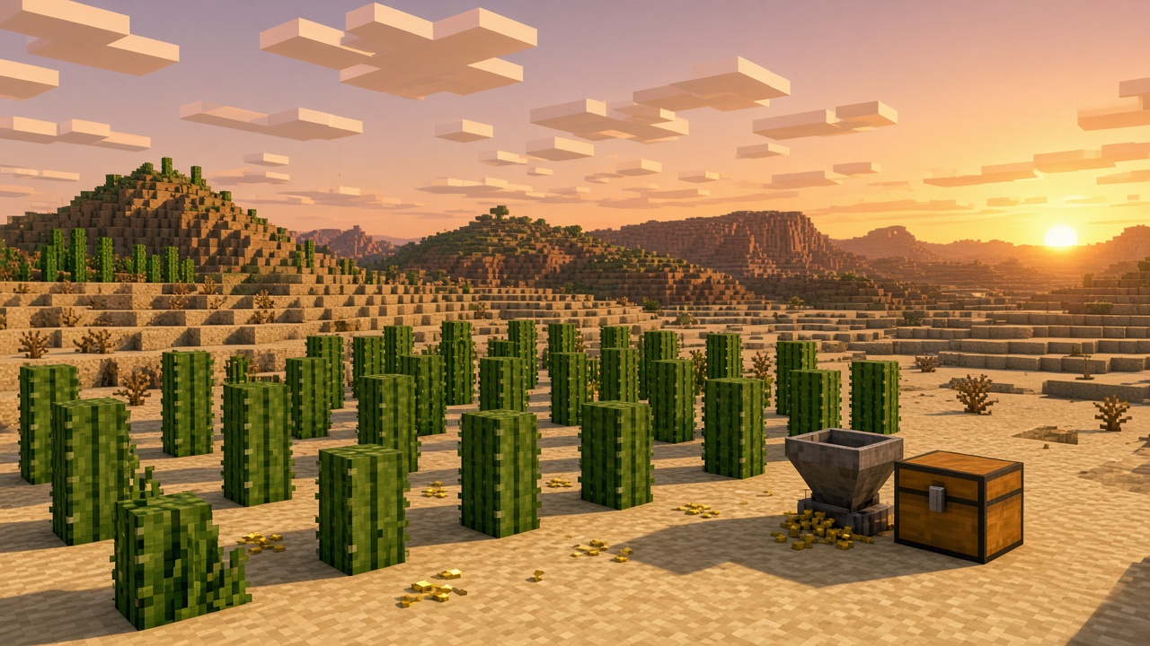 Desert cactus rows on sand with a hopper and chest at sunset — early DonutSMP farm mood art