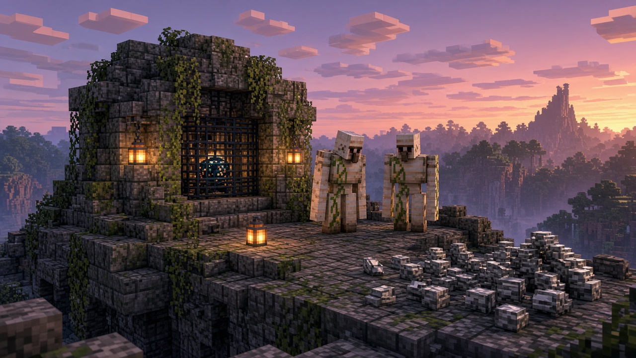 Two iron golems beside a mossy cage on a cliff at dusk, iron ingots on the stone — later-ladder mood art