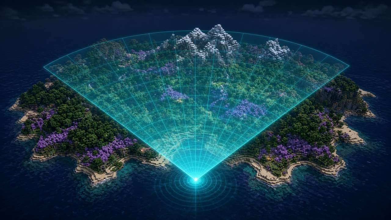Cyan radar-scan overlay across a voxel island — flood heatmap mood art, not a live donut.auction reading