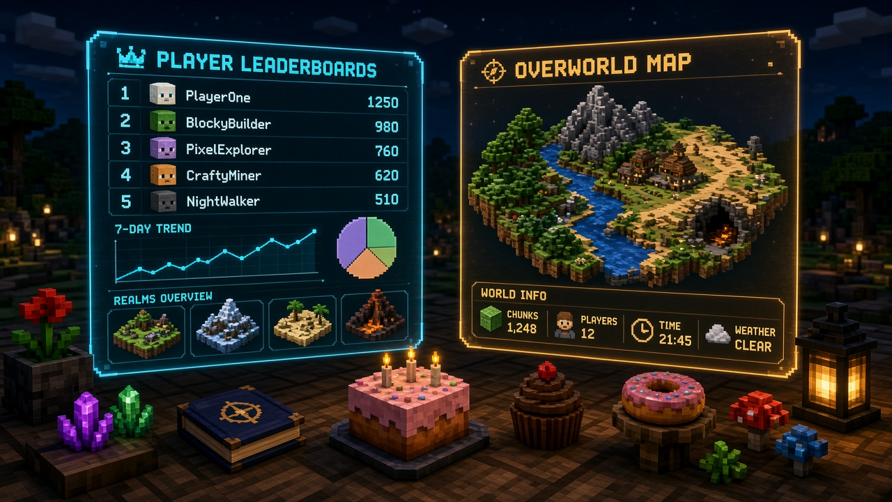 Voxel HUD desk with a leaderboard panel and an overworld map — public tracker mood art, not live DonutStats numbers