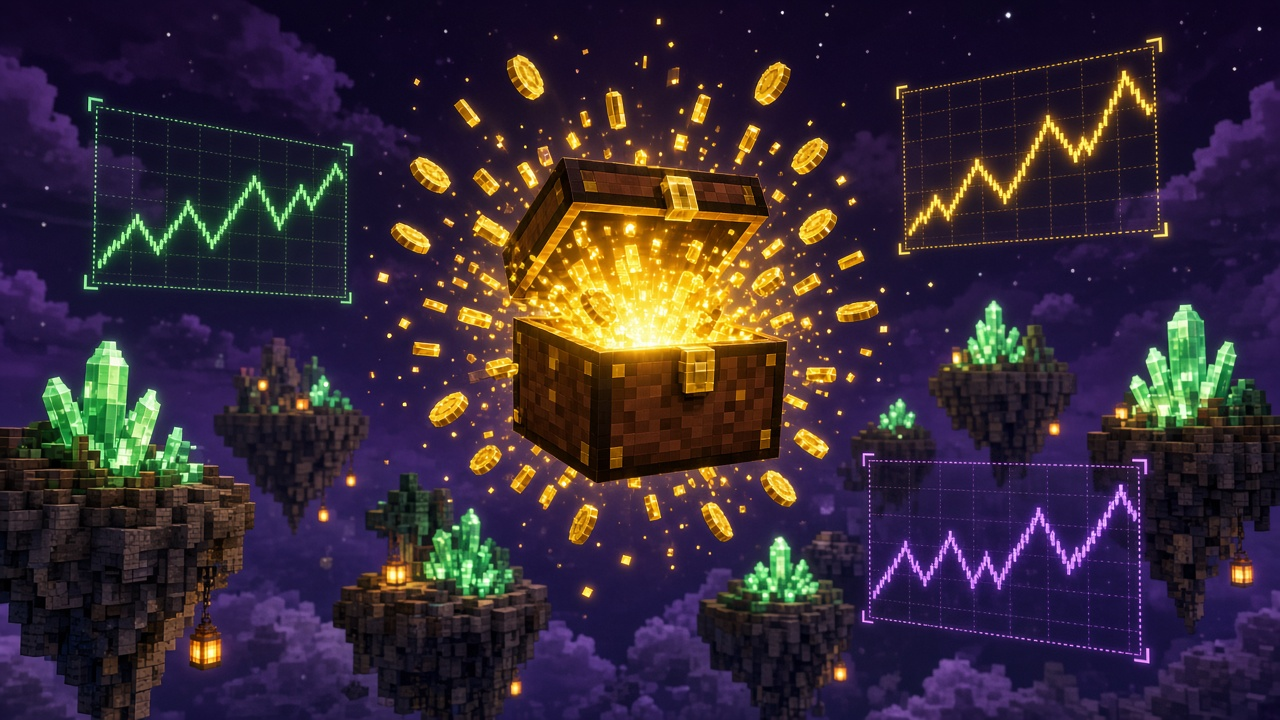 Floating Auction House chest with coin stacks and sparkline charts — mood art, not live AH prices