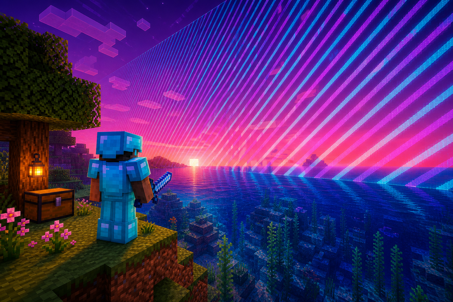 Diamond-armored player on a grassy cliff looking across an ocean toward a glowing cyan-and-purple world-border wall at sunset