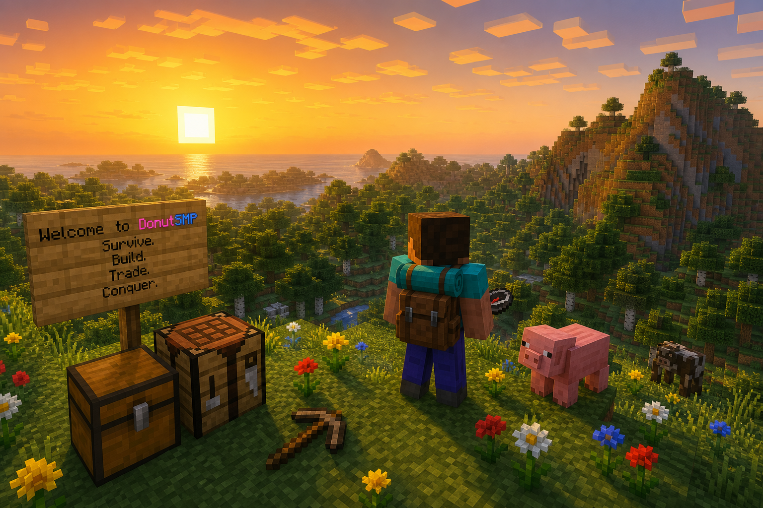 Steve on a grassy hill after a wilderness /rtp, with a chest, crafting table, wooden pickaxe, and a Welcome to DonutSMP sign
