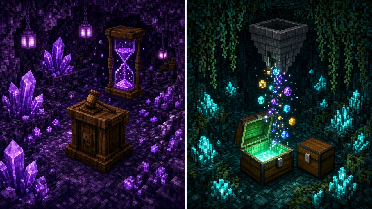 Split scene: purple auction podium with an hourglass versus a hopper pouring gems into a glowing money chest