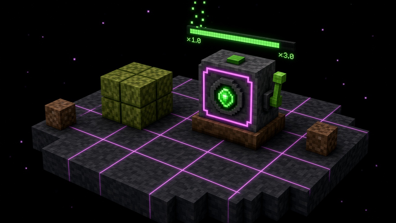 Voxel Quick-Sell machine beside dried kelp blocks with a glowing green ×1.0 to ×3.0 meter