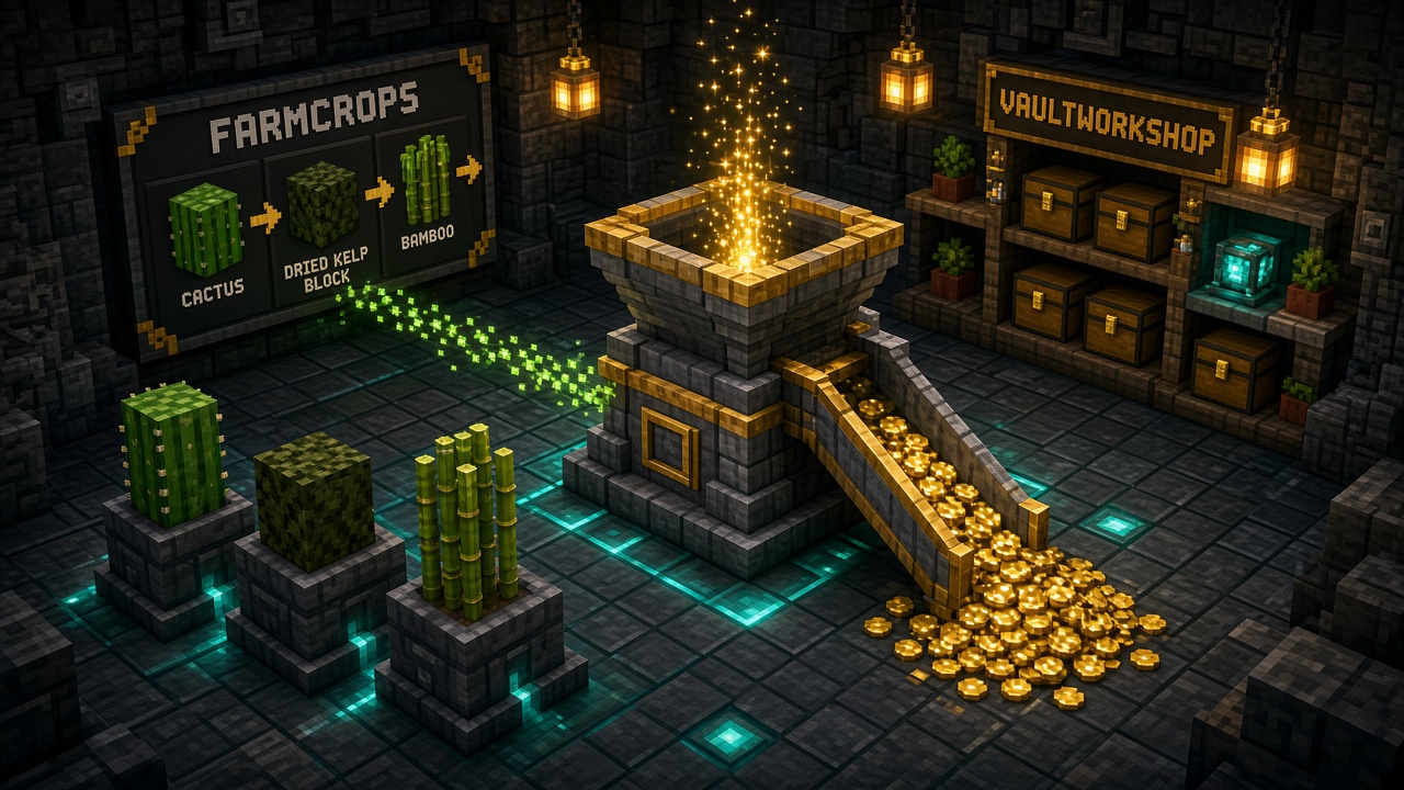 Farm crops, cactus, and bamboo feeding a gold-trimmed sell hopper that pours coins