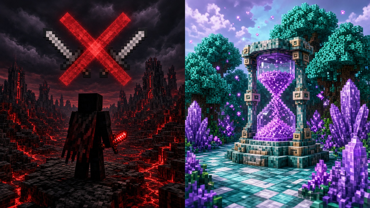 Split scene: crossed swords with a red X versus a glowing hourglass filling with purple shard sand