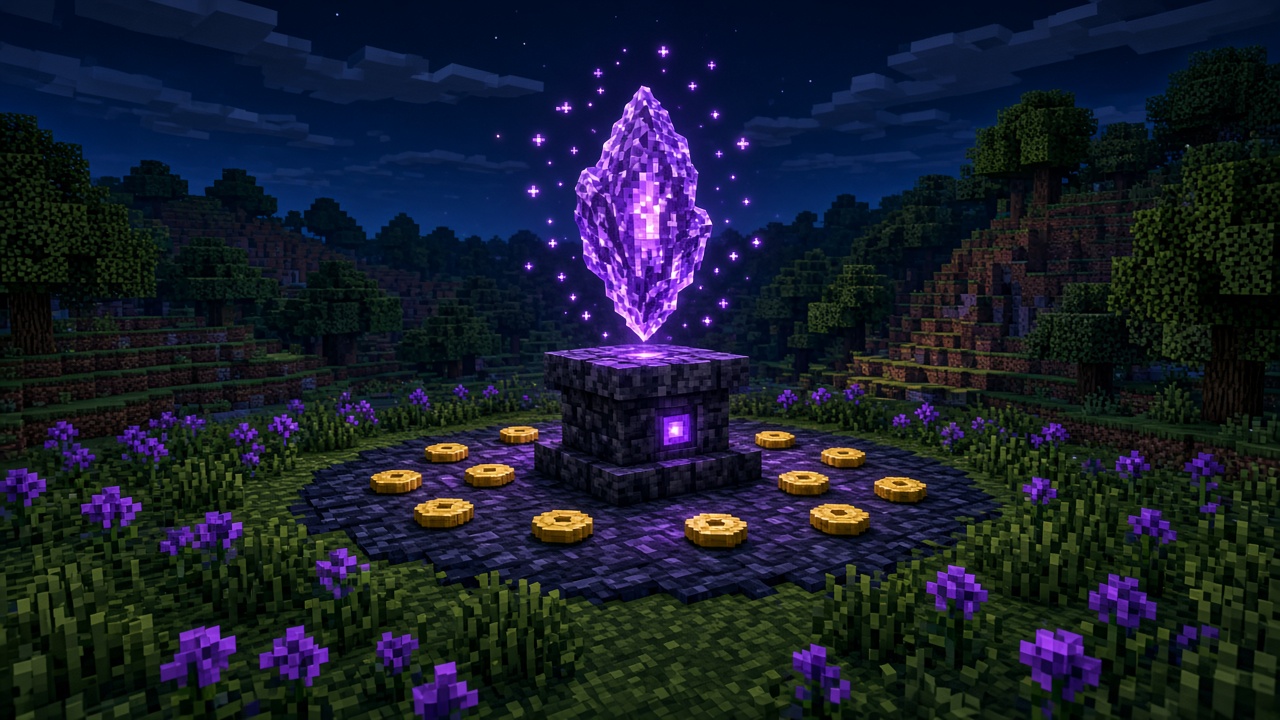 Glowing purple crystal shard floating above a stone pedestal with gold coins nearby