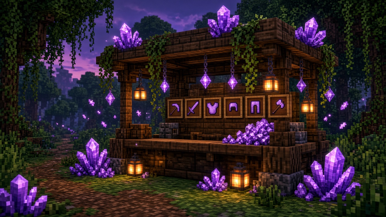 Minecraft Shard Shop stall with purple crystals and item frames of pickaxe, sword, armor, and axe