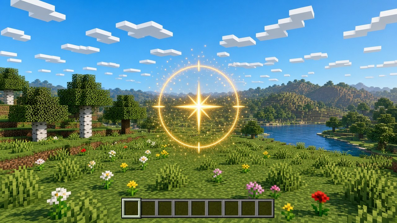 First-person Minecraft plains after a wilderness /rtp, with a glowing gold compass reticle and an empty hotbar