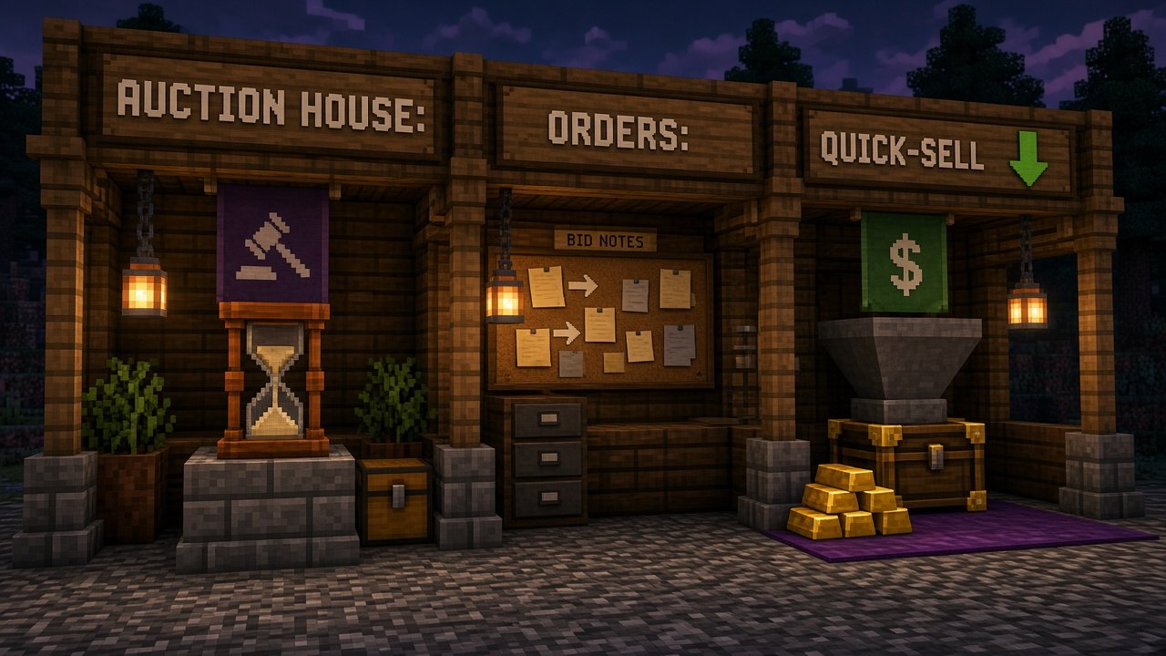 Voxel stall labeled Auction House, Orders, and Quick-Sell with an hourglass, notes board, and hopper