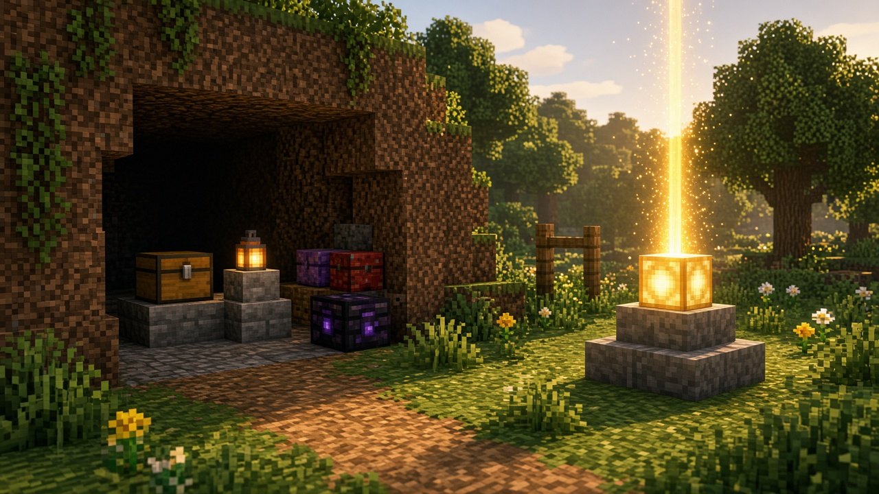 Hidden dirt-cave stash with a wooden chest, lantern, and a glowing home beacon