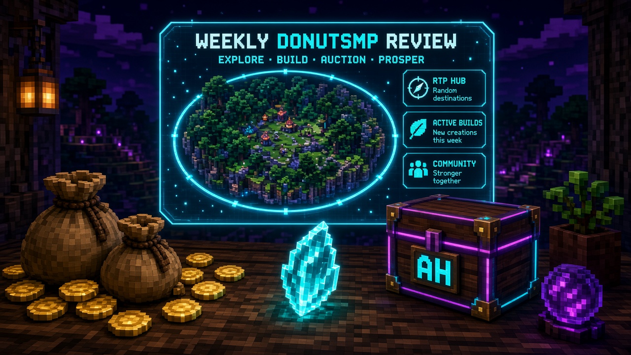 Voxel desk mood board with a weekly DonutSMP review HUD, a forest map ring, gold coin sacks, a crystal shard, and an AH chest