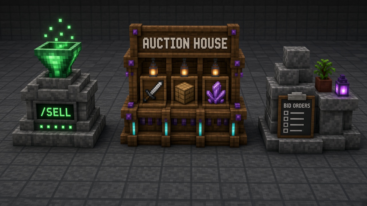Three voxel Money-lane props: a /sell hopper, an Auction House stall, and a Bid Orders clipboard