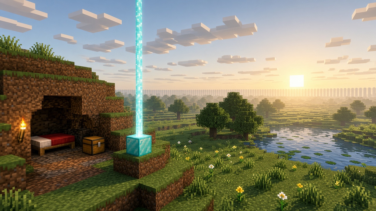 Wilderness dirt cave with a chest and bed, a cyan /sethome beacon, and a distant world-border wall at sunrise