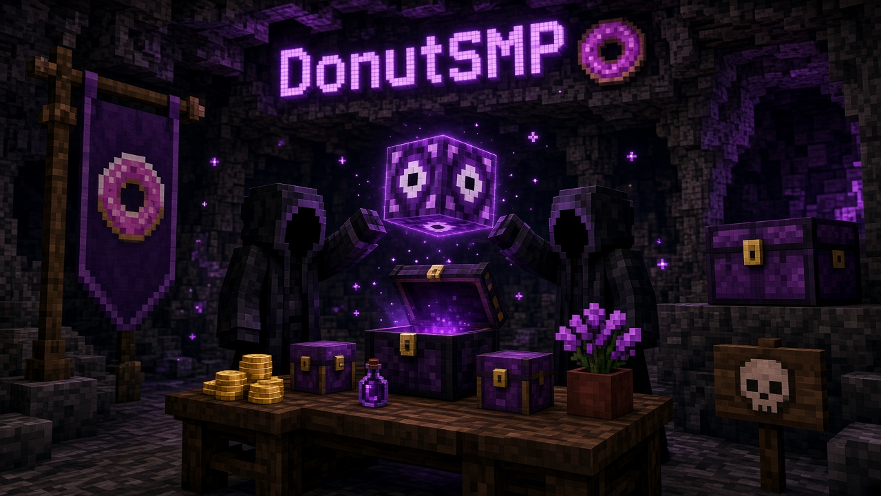 Two hooded figures holding a glowing cube over an open chest with gold stacks — player-to-player trade mood illustration