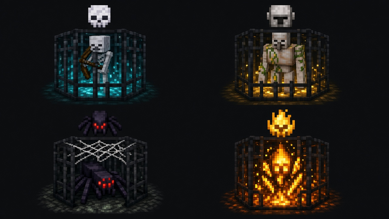Four-panel mood grid of caged skeleton, iron golem, spider, and blaze — types illustration, not official art